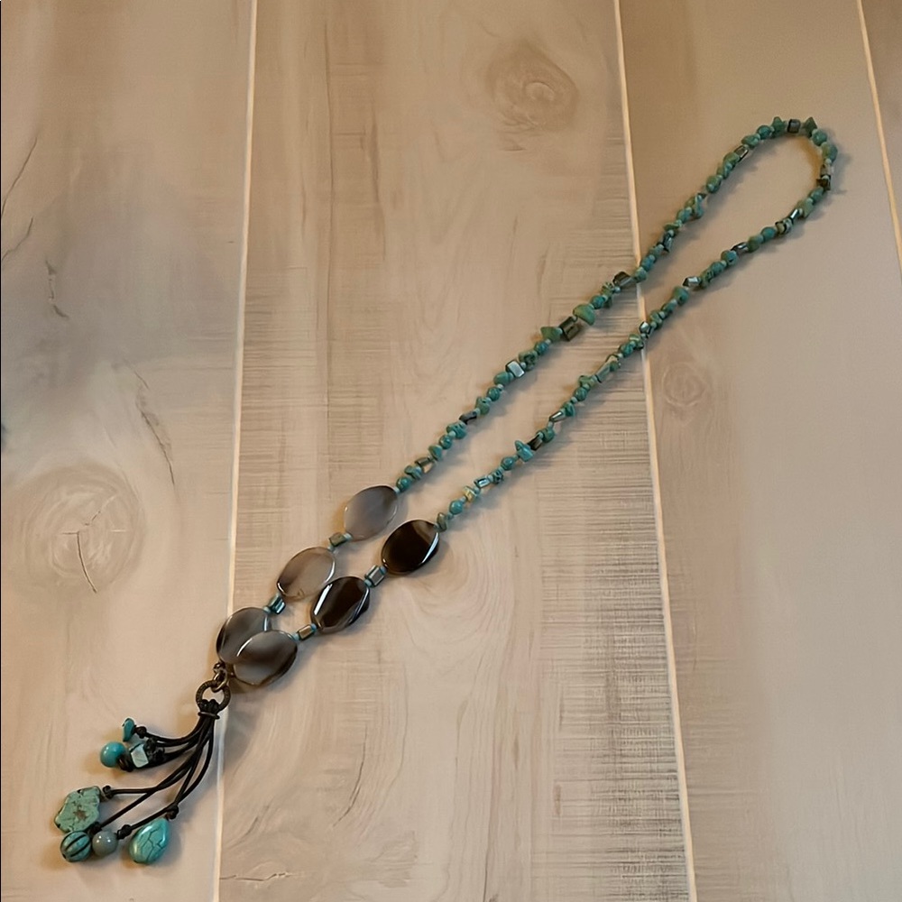 Bohemian Blue and Black Beaded Necklace with Tassel NWOT